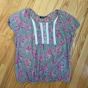 Gray and Pink Floral Blouse with Lace and Pleating